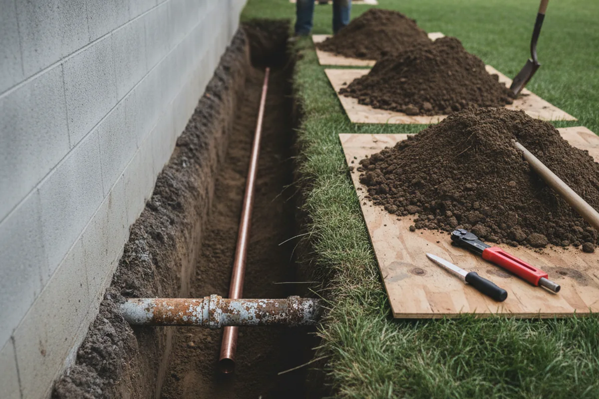 Excavated water line trench during Water Heater Repair in Point Lookout